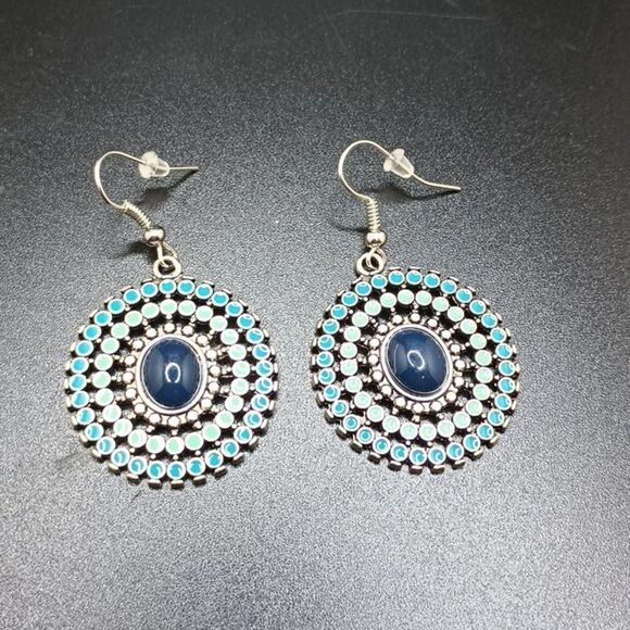 blue mandala earrings minimalist simple boho jewelry - Picture 2 of 4